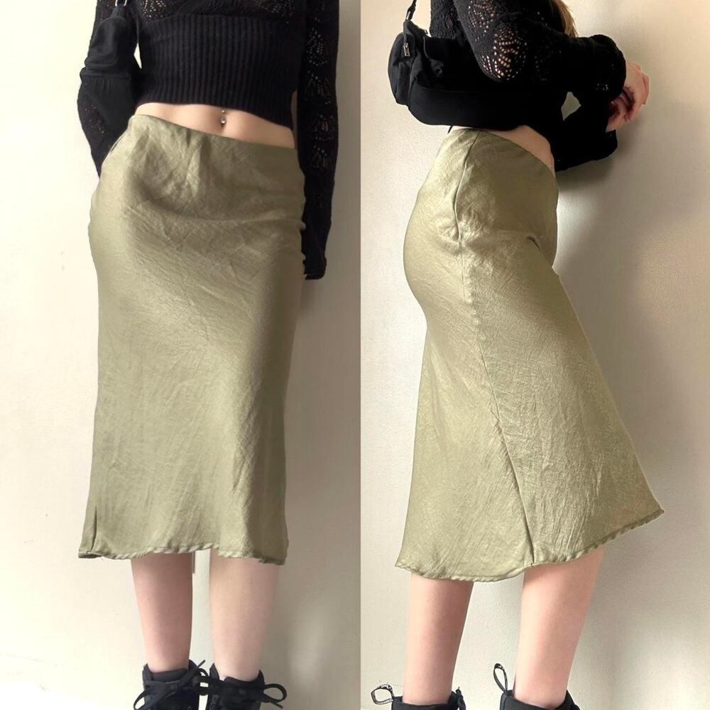 Vintage Final Touch Forest Fairy Light Green Satin Midi Skirt - Size Small